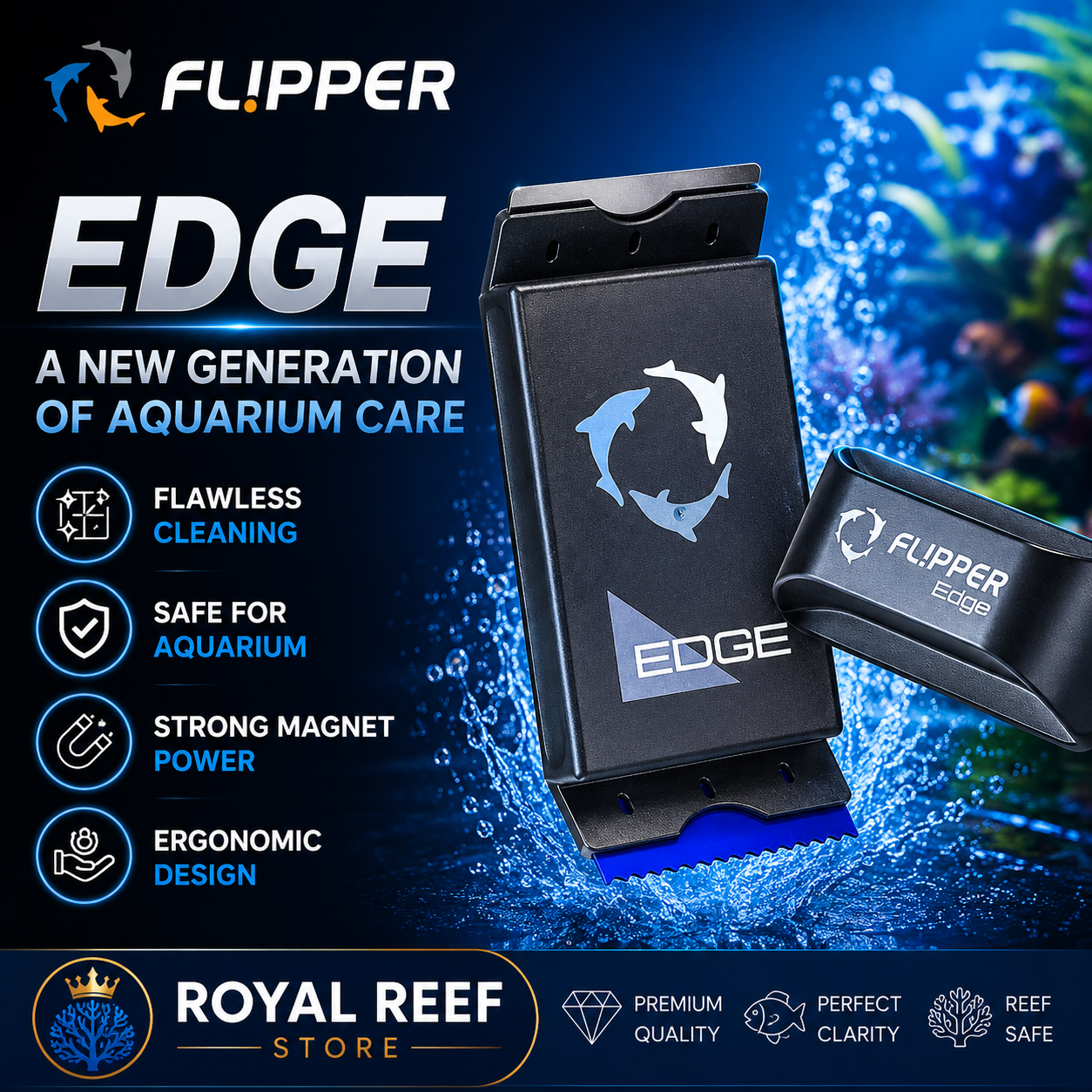 Marine Aquarium Glass Cleaner - Flipper Edge Standard Max Magnetic Algae